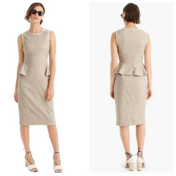 NWT J. Crew Peplum Stretch Linen Blend Sheath Dress Sz 14 Flax Oatmeal Office - Picture 1 of 12